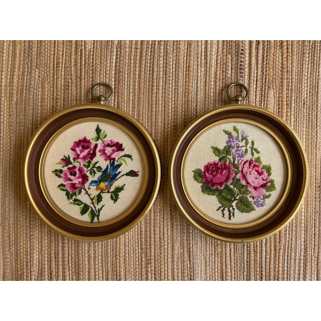 Mid 20th Century 1960s Vintage Floral Petit Point Roses Framed Embroidery Art - A Pair For Sale - Image 5 of 10