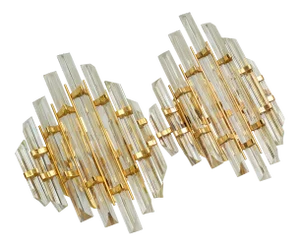 Pair of Venini Style Crystal & Brass Sconces Mid-Century Modern Italy 1970