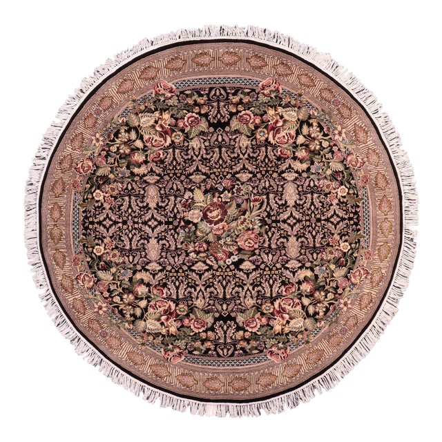 Art Nouveau 1990's Pak-Persian Black/Gold Wool Round Rug- 6'8'' X 6'10'' For Sale