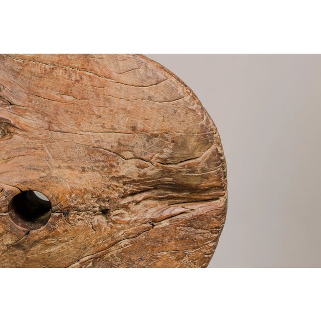 Wood Ancient Rustic Cart Wheel Mounted on Black Lacquer Base, Weathered Patina For Sale - Image 7 of 12