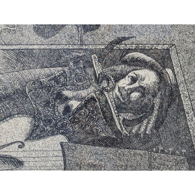 Lucas Johnson Modern Black & White Surrealist Etching of a Figure & Guitar in a Grave Ed. 4/15, 1978 For Sale - Image 4 of 12