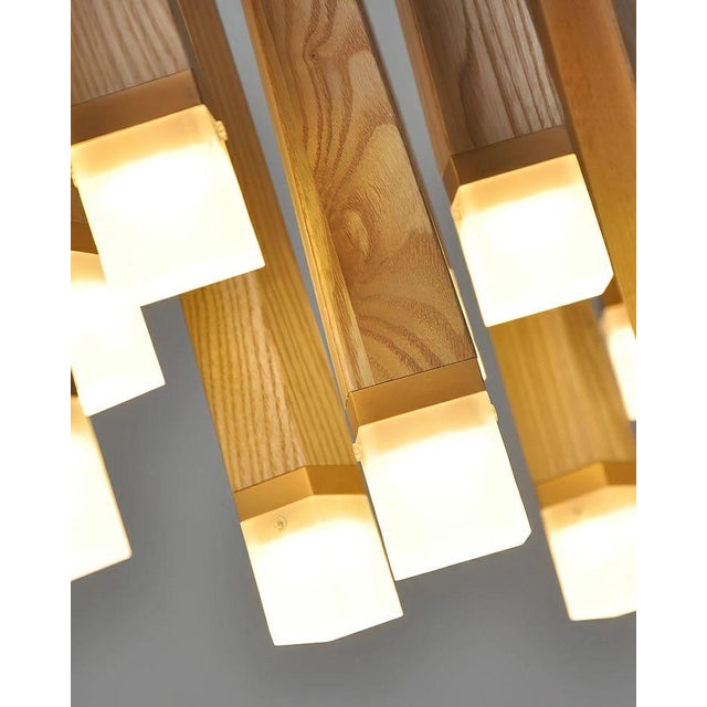 Modern Oak Wood Cascading Led Chandelier, Modern Multi Light Pendant, Natural Wood Ceiling Light, 16 24 32 Light For Sale - Image 3 of 6