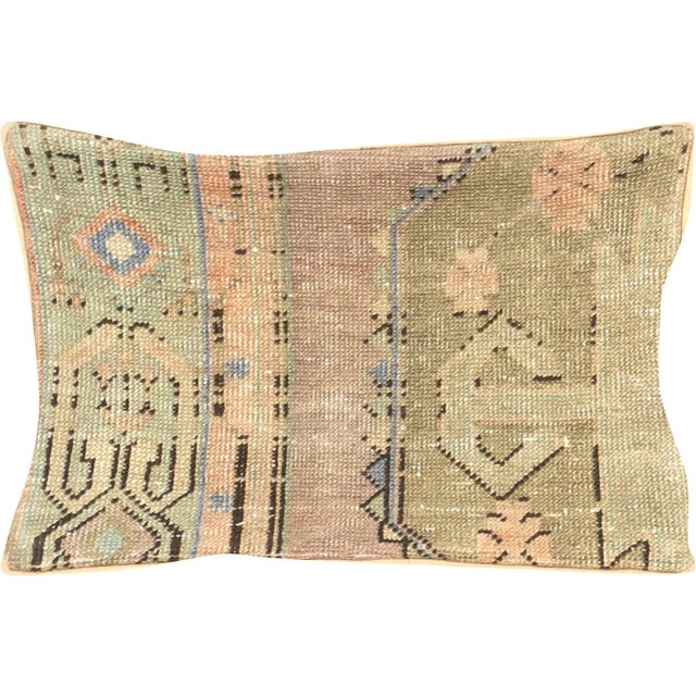 1960s Turkish Oushak Pillow. Hand sewn with fragments of Turkish handmade Oushak wool carpets. Fiber fill. 522101