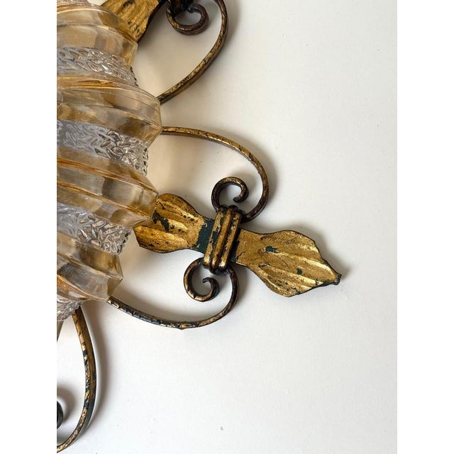 Gold German Gilt Wrought Iron and Textured Glass Flush Mount, 1970s For Sale - Image 8 of 13