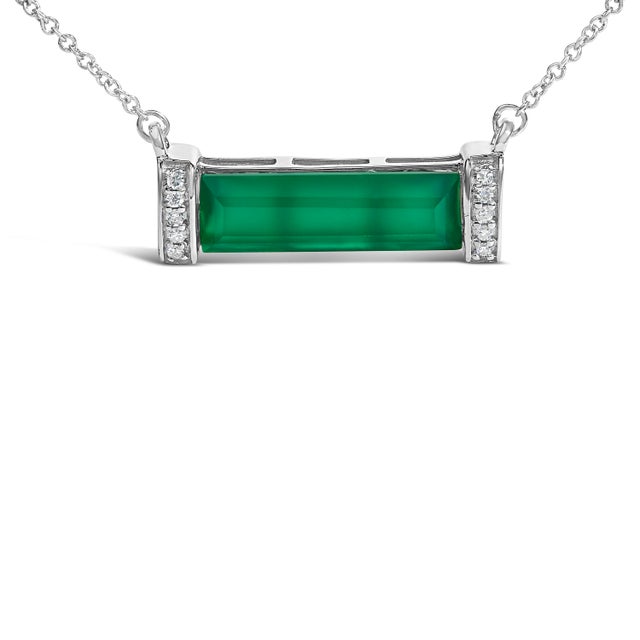 Contemporary Sterling Silver Diamond Accent and Green Agate Bar Pendant Necklace For Sale - Image 3 of 4