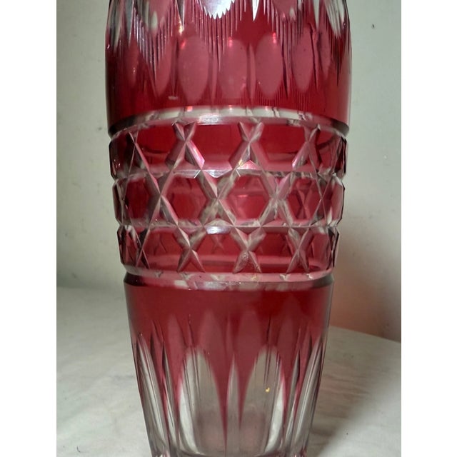 1950s Vintage Handmade Red Cranberry Czech Cut to Clear Crystal Glass Ornate Vase For Sale - Image 5 of 8