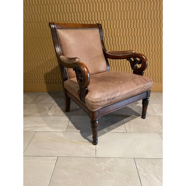Traditional Empire Revival Leather and Mahogany Library Armchair For Sale - Image 3 of 12