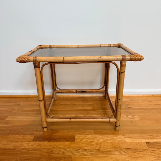 Vintage Burnt Bamboo, Rattan & Smoked Glass Coastal Modern Side Tables — A Pair For Sale In Richmond - Image 6 of 7