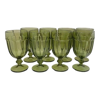 Eight Libbey Duratuff Gibraltar Olive Green 7" Iced Tea Glasses Usa For Sale