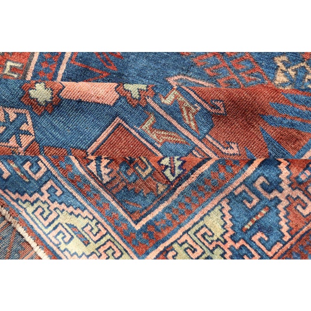 Antique Persian Kurdish Gallery Rug With Blue Field and Bold Geometric Medallion For Sale - Image 12 of 13