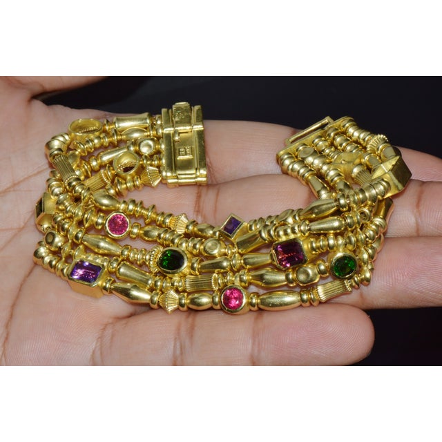 Designer Seidengang Natural Tourmaline Amethst Garnet 18k Solid Gold Multi-Strand Beaded Bracelet For Sale - Image 9 of 14