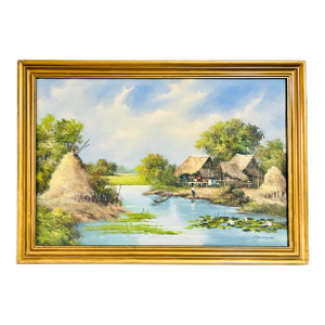 1960s Original Thai Village Oil Painting, Framed 24 X 17, Signed Chatonaval, Missionary Provenance