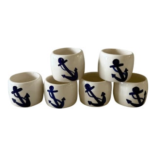 Set of 6 Ceramic Napkin Rings With Anchor Design For Sale