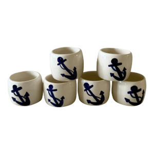 Set of 6 Ceramic Napkin Rings With Anchor Design