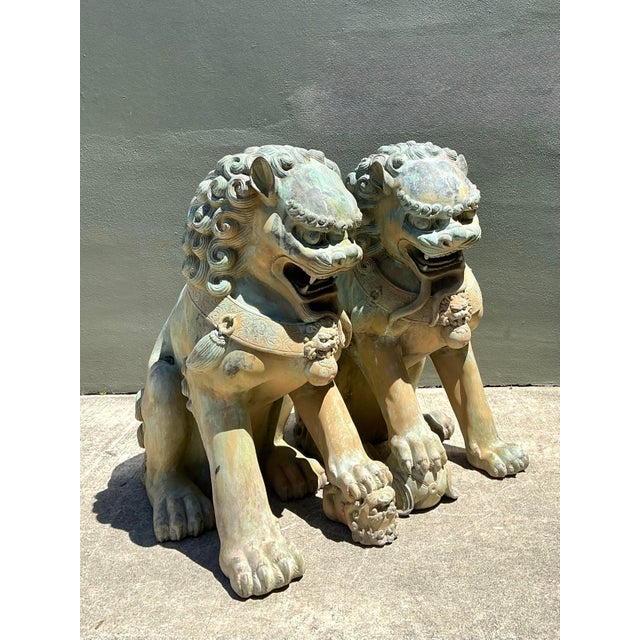 Vintage Monumental Bronze Foo Lions - A Pair For Sale - Image 11 of 12