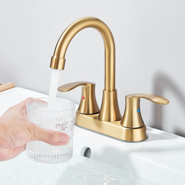 Brushed Gold Bathroom Sink Faucet 3 Holes 4in Centerset Vanity Mixer With Drain For Sale - Image 11 of 11