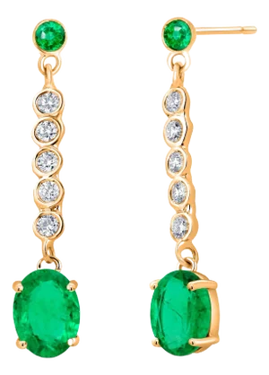 14 Karat Yellow Gold Drop Earrings With Emeralds and Diamonds - 2 Pieces