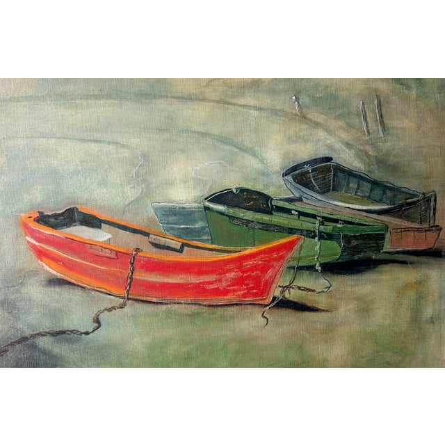 Wooden Boats at the Lake, Oil on Canvas Board, Mid-Century Original For Sale - Image 4 of 5