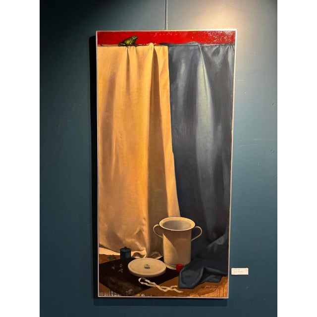 Funny interior with table ,objects and toad, the title is referring to the toad\.\. maybe he becomes a prince\. This piece...