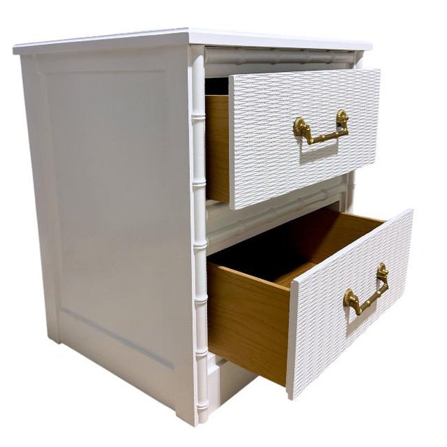 Mid 20th Century Mid 20th Century Pair of Palm Beach Faux Bamboo White Nightstands With Woven Drawer Fronts & Brass Hardware For Sale - Image 5 of 8