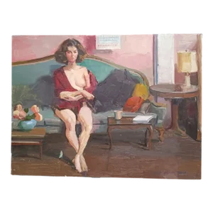 Nude on a Green Couch Original Oil Painting by David Beynon Pena