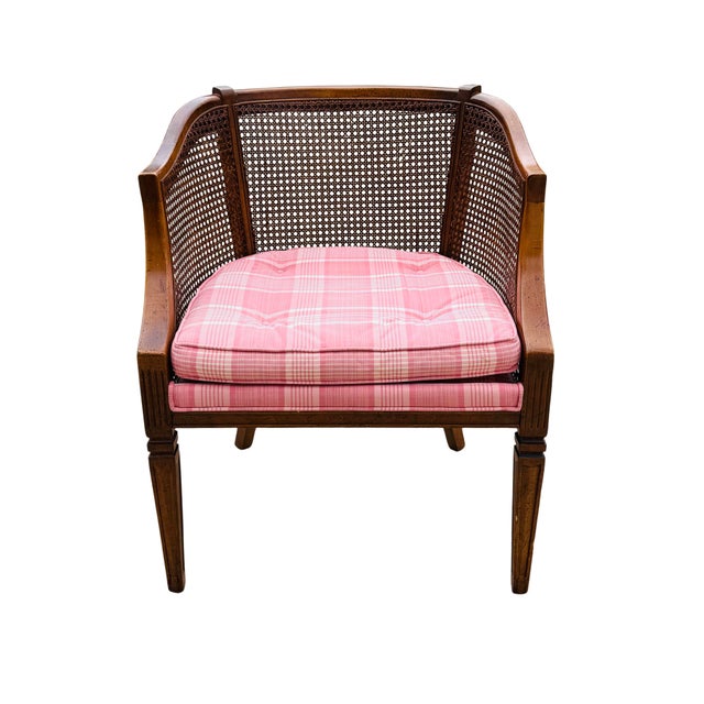 Vintage Klingman’s Grand Rapids Cane Barrel-Back Armchair | Mid-Century Modern Hollywood Regency | Tufted Pink Plaid...