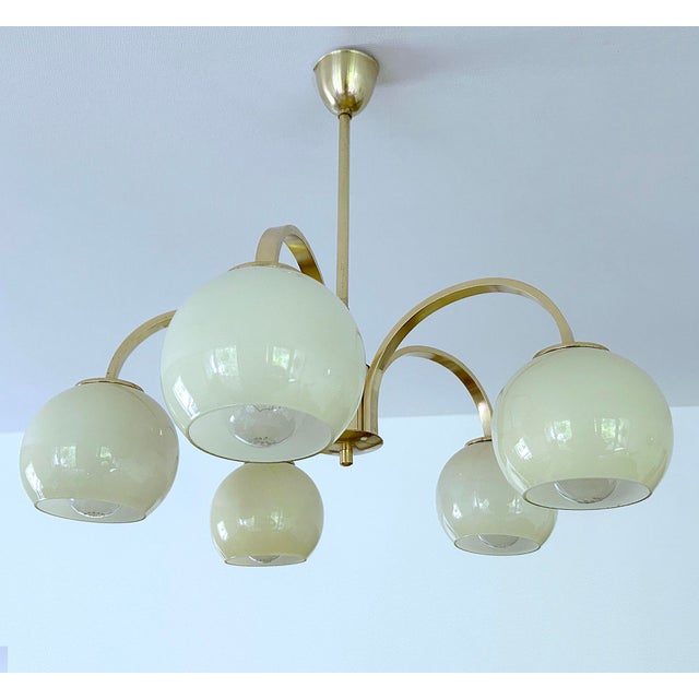 Modern Art Deco Opaline Glass and Brass Pendant Light, 1950s For Sale - Image 3 of 15