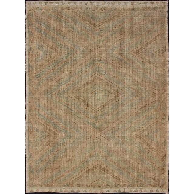 Vintage Turkish Kilim in Faded Camel and Soft Aqua With Subtle Diamond Design For Sale - Image 12 of 12