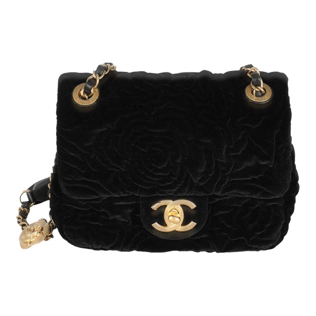 Black Camellia Embossed Velvet Mini Square Flap Bag For Sale