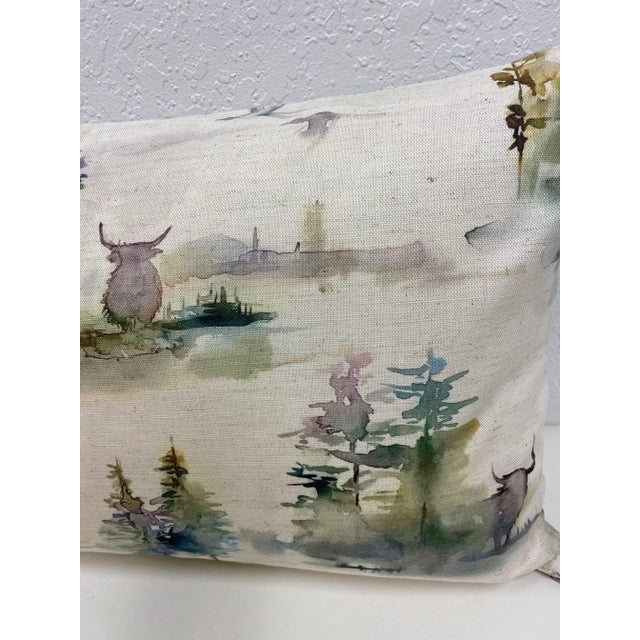 Large Bolster Pillow Featuring a Rustic Water Color-Look Landscape With Wandering Majestic Bison - Made in Uk. For Sale In Dallas - Image 6 of 11