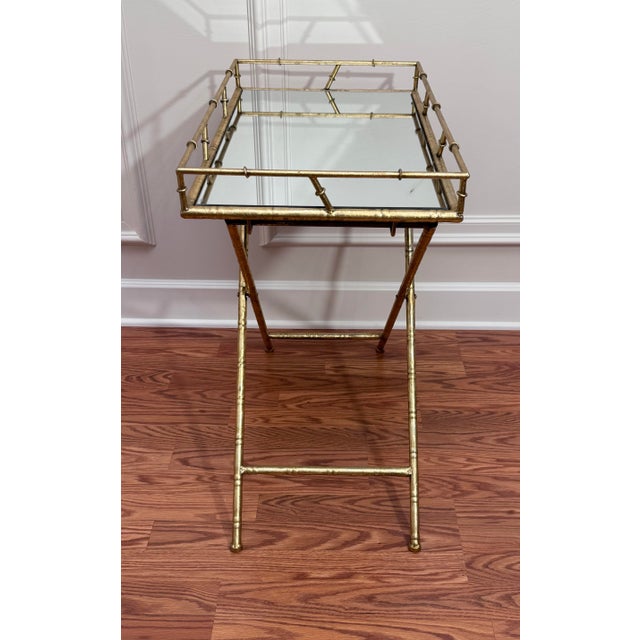 Metal Vintage Hollywood Regency Faux Bamboo Gold Finish Mirror Collapsible Tray Table For Sale - Image 7 of 12
