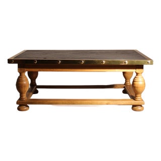 Rustic Coffee Table in Slate, Brass and Oak, Germany, 1970s For Sale