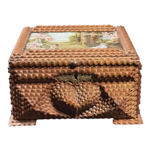 Vintage Chip Carved Tramp Art Box With Heart Motif and Blue Velvet