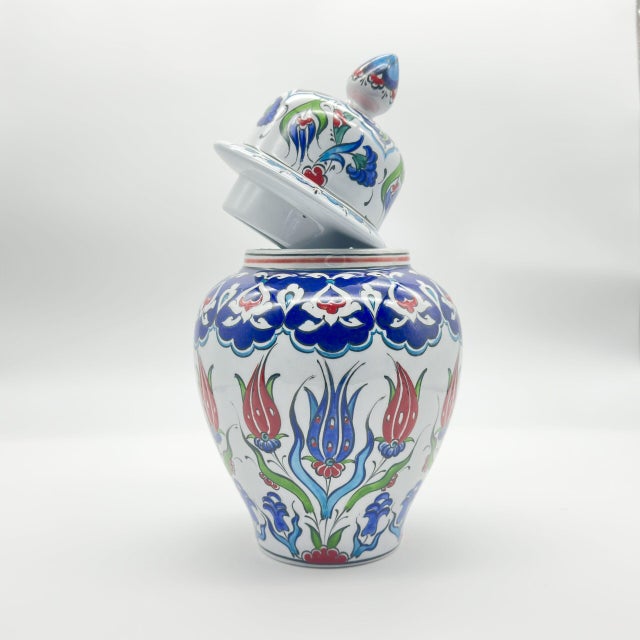 Handmade Ceramic Small Lidded Vase (20cm) – “Küpecik” Form with Colorful Tulips – Elegant Tabletop Accent For Sale - Image 6 of 8