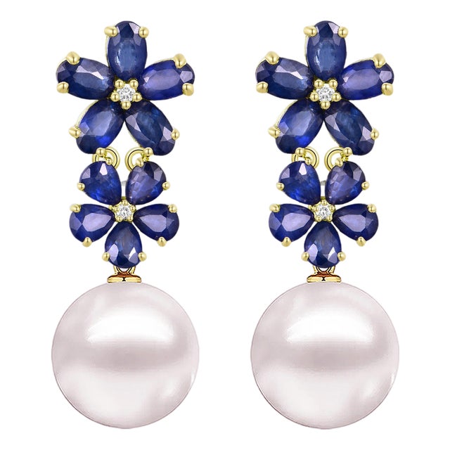 Nina Zhou 4.92ctw Blue Sapphire Diamond Pearl Convertible Blossom Drop Earrings For Sale