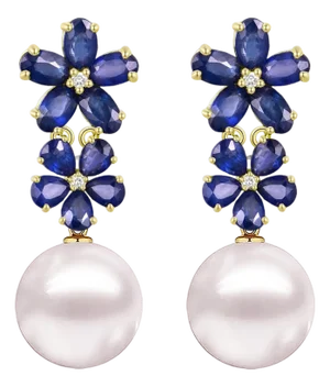 Nina Zhou 4.92ctw Blue Sapphire Diamond Pearl Convertible Blossom Drop Earrings