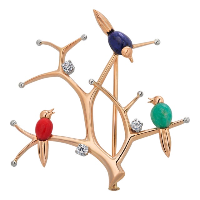 Vintage 14k Yellow Gold Multi-Stone Birds on Branches Brooch Pin For Sale
