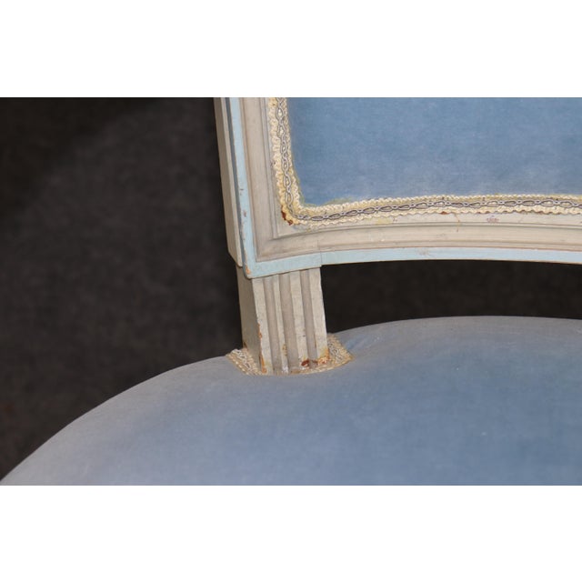 Sky Blue Pair of French Louis XVI Style Creme & Blue Paint Decorated Armchairs C. 1930's For Sale - Image 8 of 15