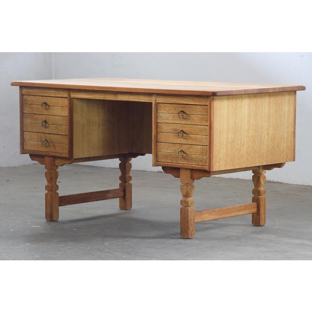 Mid-Century Oak Writing Desk with 6 Drawers and Open Back in the style of Henning Kjærnulf, 1960s For Sale - Image 18 of 18