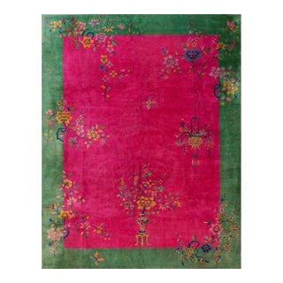 1920s Pink Cerise Floral Vase Antique Chinese Art Deco Carpet 9' X 11' 6'' Knotted Wool Rug For Sale