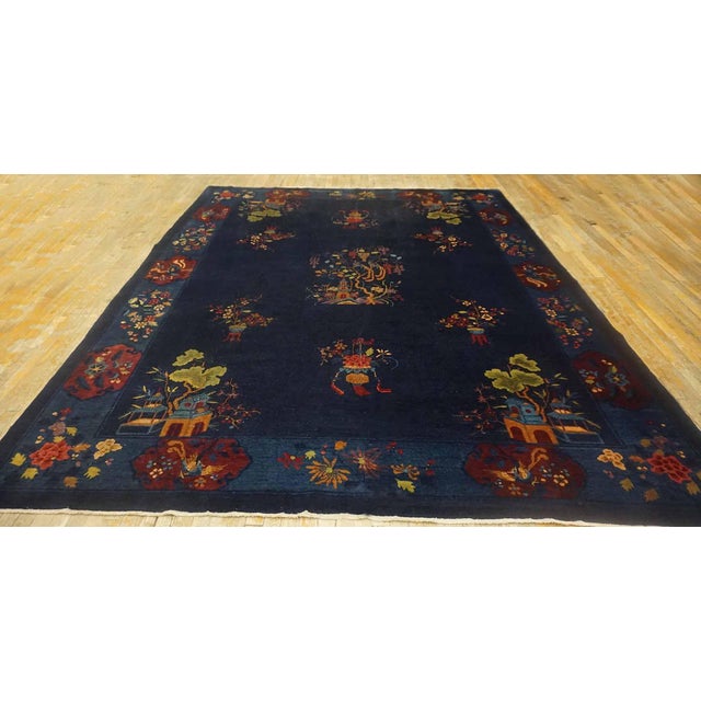 1920s Navy Blue Vase Floral Antique Chinese Art Deco Carpet 9' X 11'6" Handknotted Wool Rug For Sale - Image 11 of 11