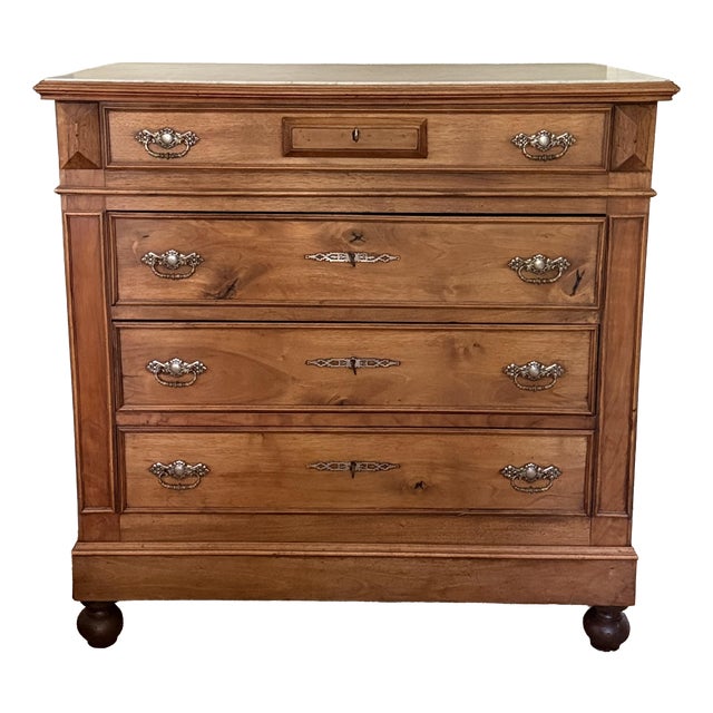 Louis Philippe Commode in Walnut and White-Grey Marble, 19th Century For Sale