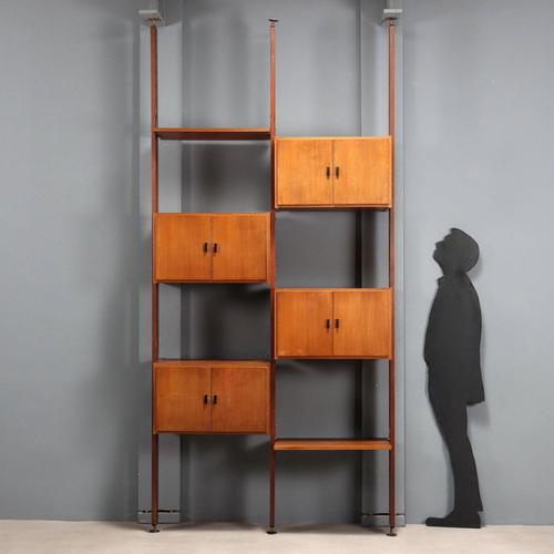 Vintage double-span bookcase with height-adjustable enamelled metal uprights, brass feet, adjustable shelves and storage...