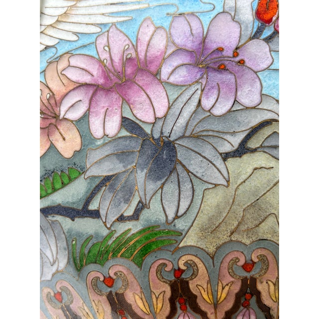 1960s Monumental Handcrafted Cloisonné Enamel Jardiniere With Cranes, Blossoms & Lion Head Handles For Sale - Image 18 of 18