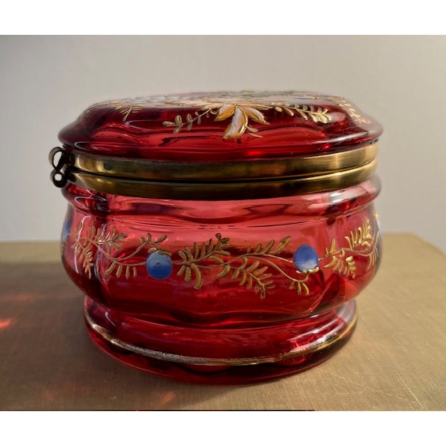 Late 19th Century Antique Cranberry Glass Dresser/Trinket Box With Hand Painted Enamel Details Signed For Sale - Image 4 of 6