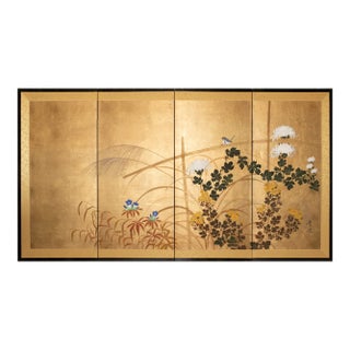 "Tit and Chrysanthemums", 1970s Shōwa Era Japanese Byobu Screen For Sale