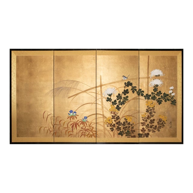 "Tit and Chrysanthemums", 1970s Shōwa Era Japanese Byobu Screen For Sale