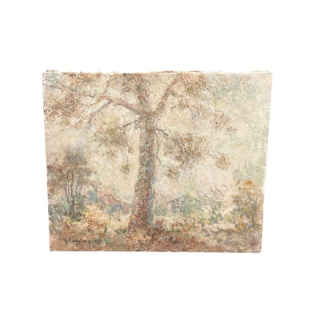 This captivating vintage artwork presents a deeply atmospheric woodland landscape, anchored by a prominent, textured tree...