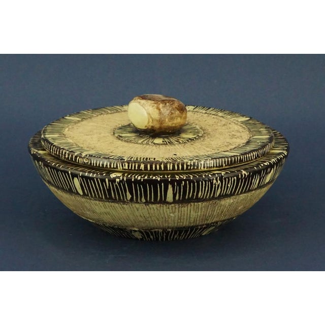 Item description: box, candy dish with lid and chestnut-shaped knob, in glazed and vitrified ceramic, made by nicolaj...