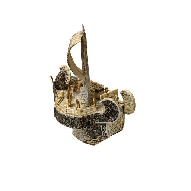 Asian Vintage Asian Cream Bone Inset Treasure Ship Display Art Figure For Sale - Image 3 of 16